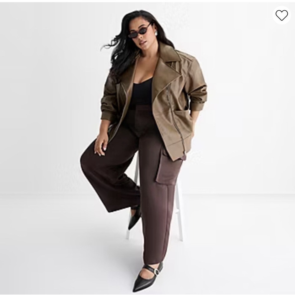 Ashley Graham Brown Faux Leather Moto Jacket Womens 2X Asymmetric Zip $240 NWT - Picture 6 of 14
